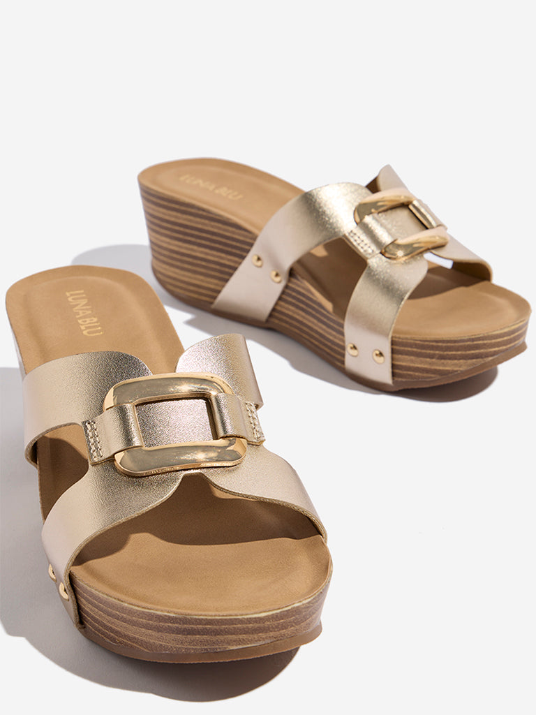 LUNA BLU Light Gold Metal Detailed Wedge Heel Sandals - Image 3