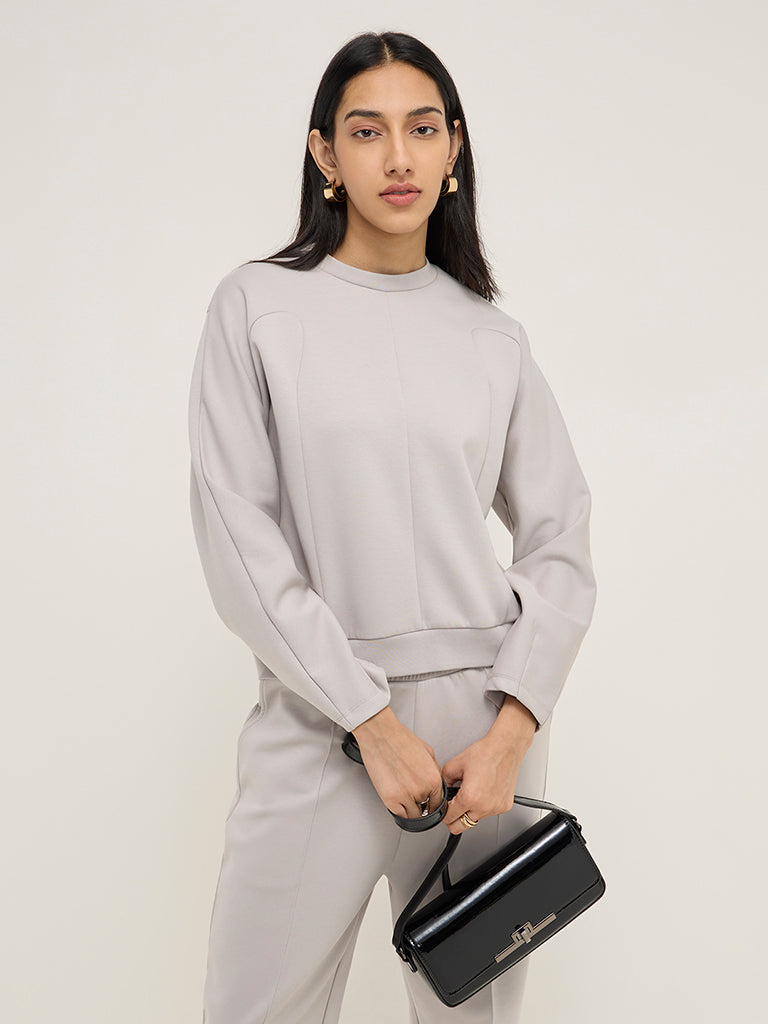 LOV Grey Solid Cotton-Blend Sweatshirt