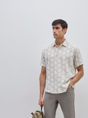 Ascot Beige Geometric Print Relaxed-Fit Shirt