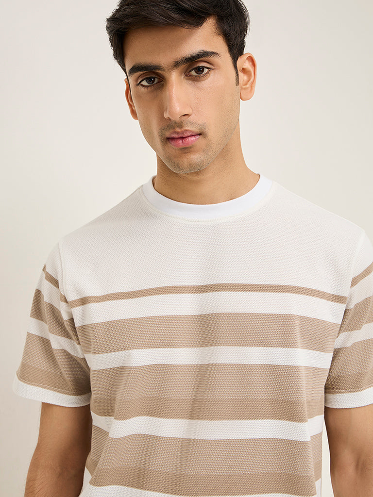 WES Lounge Beige Striped Relaxed-Fit Cotton-Blend T-Shirt - Image 2