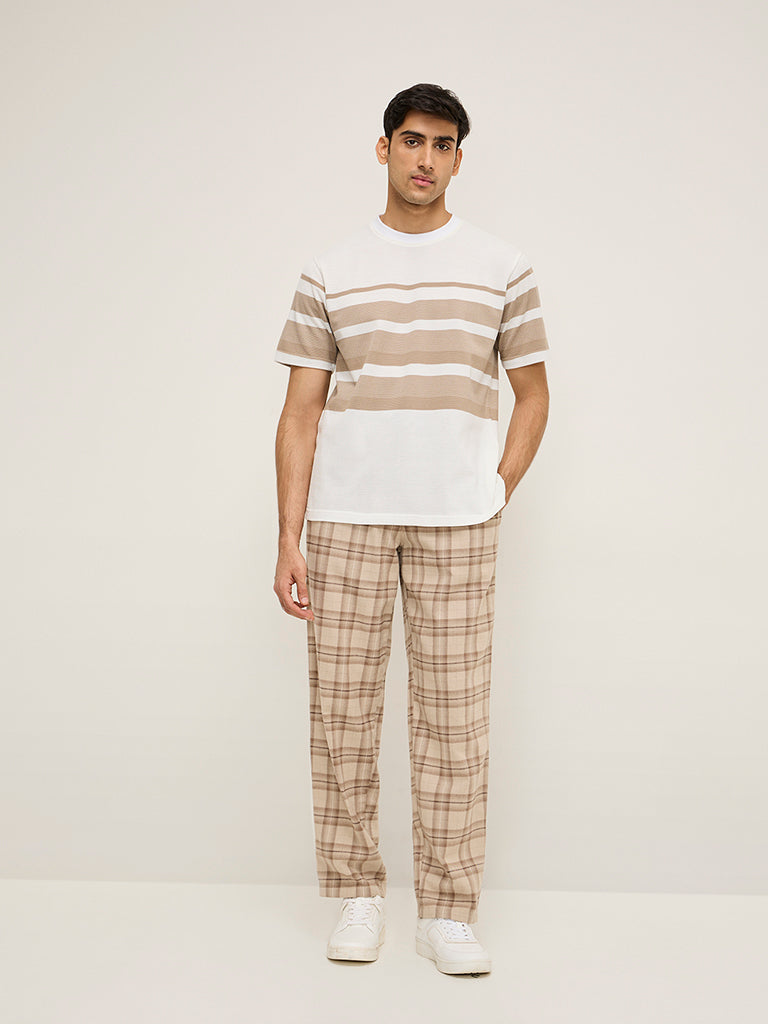 WES Lounge Beige Striped Relaxed-Fit Cotton-Blend T-Shirt - Image 3