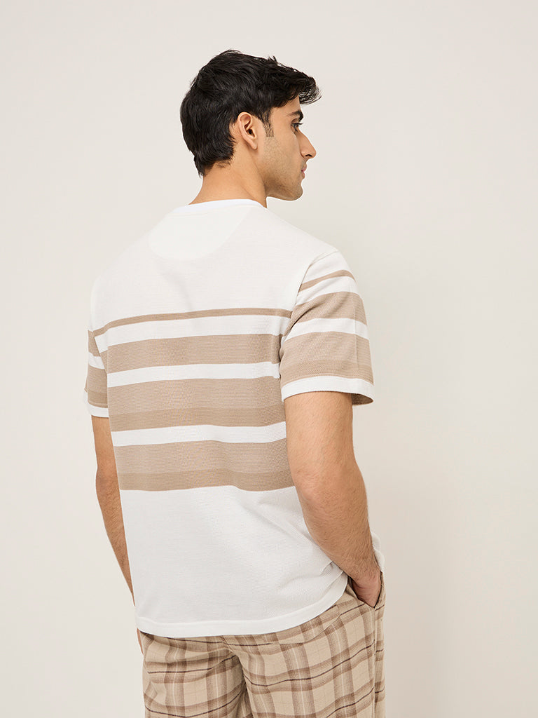 WES Lounge Beige Striped Relaxed-Fit Cotton-Blend T-Shirt - Image 4