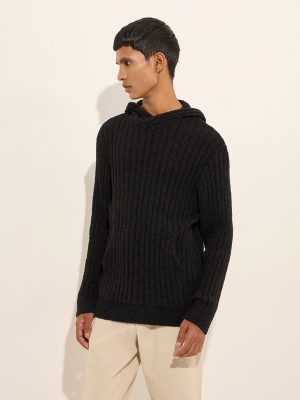 ETA Black Ribbed-Textured Relaxed-Fit Hoodie