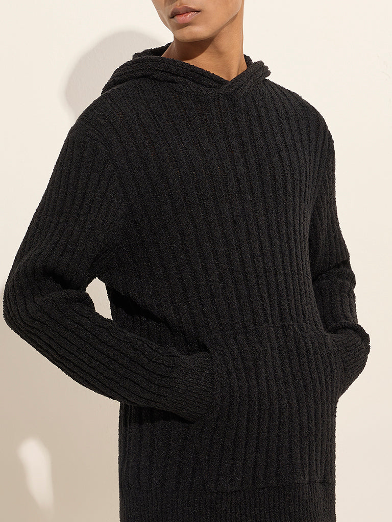 ETA Black Ribbed-Textured Relaxed-Fit Hoodie - Image 3
