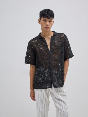 ETA Black Crochet Relaxed-Fit Cotton Shirt