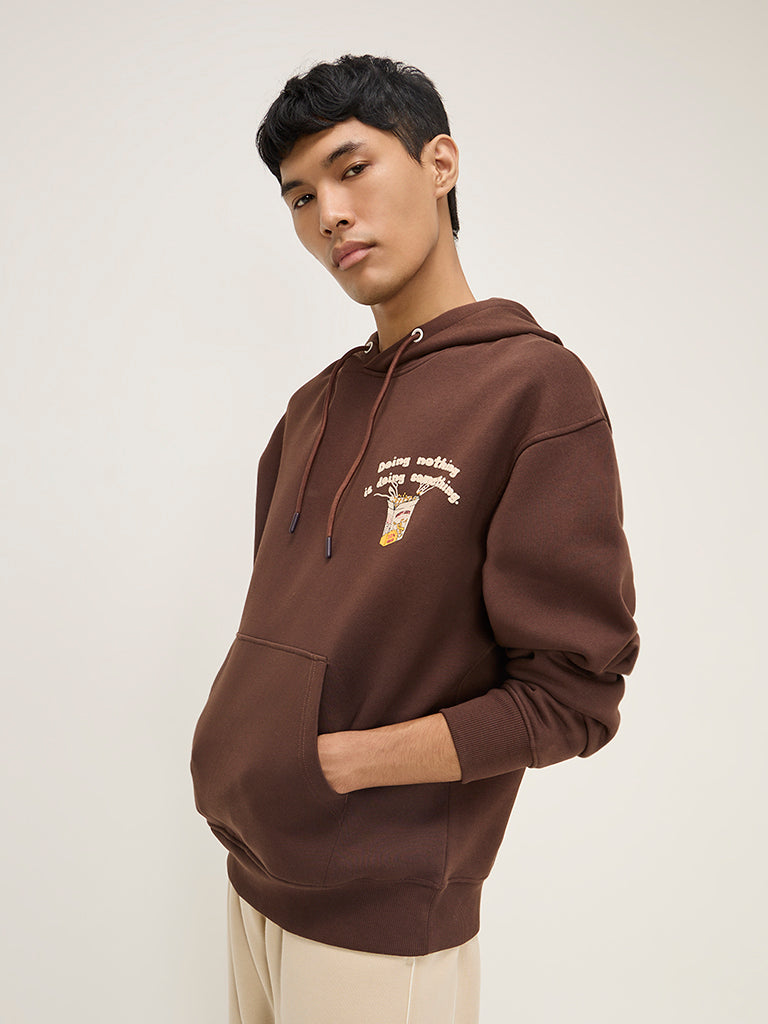 Nuon Brown Typographic Relaxed-Fit Cotton-Blend Sweatshirt