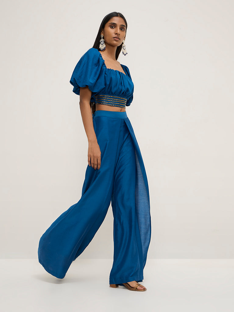 Vark Blue High-Rise Solid Palazzos - Image 4
