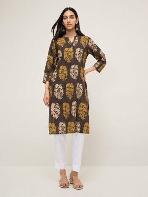 Utsa Brown Foliage Printed Cotton-Blend Straight Kurta