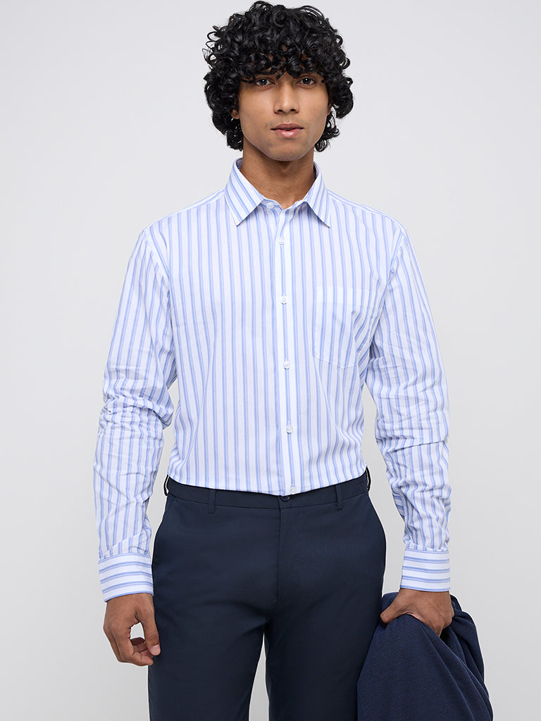WES Formals White Striped Relaxed-Fit Cotton Shirt