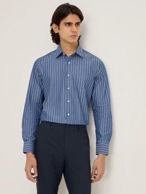 WES Formals Blue Striped Slim-Fit Cotton Shirt