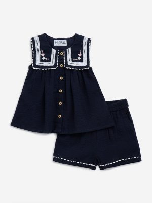 HOP Baby Navy Embroidered Cotton Top with Shorts Set