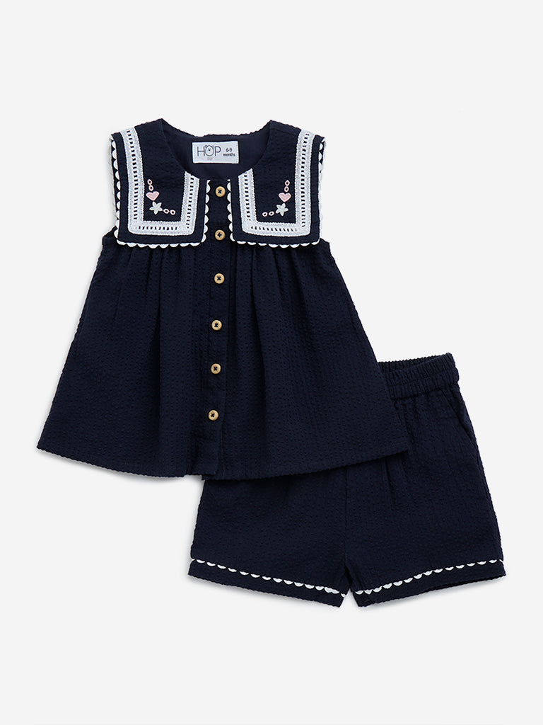 HOP Baby Navy Embroidered Cotton Top with Shorts Set