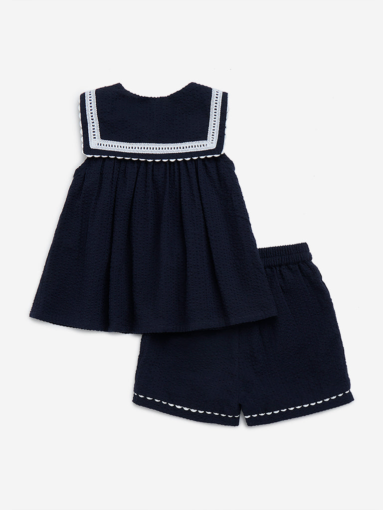 HOP Baby Navy Embroidered Cotton Top with Shorts Set - Image 2