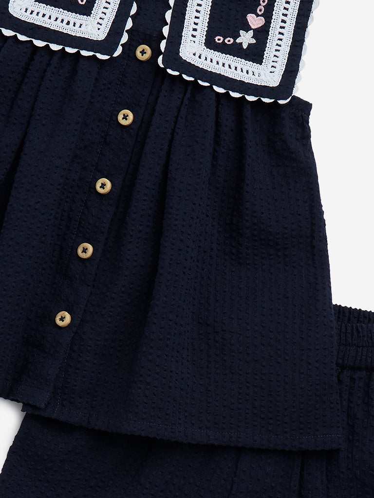 HOP Baby Navy Embroidered Cotton Top with Shorts Set - Image 3