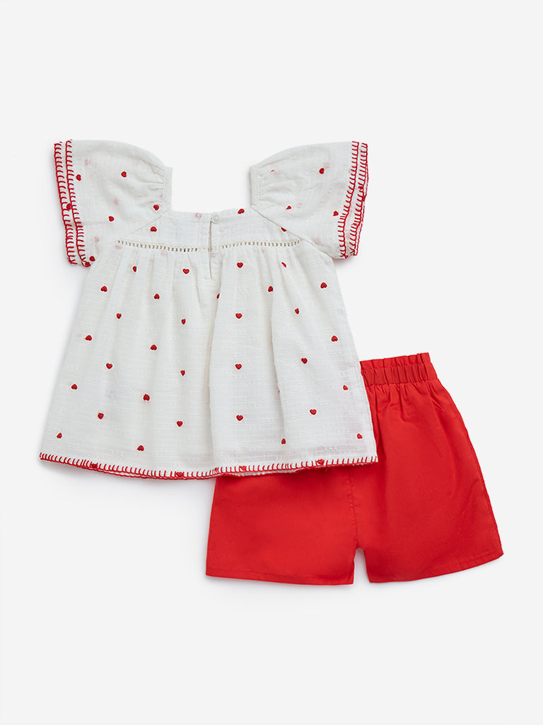 HOP Baby Red Heart Embroidered Cotton Top with Shorts Set - Image 2