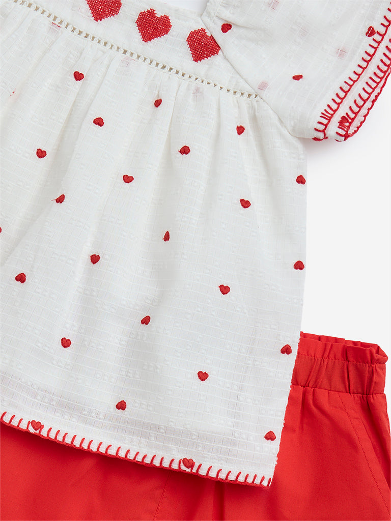 HOP Baby Red Heart Embroidered Cotton Top with Shorts Set - Image 3