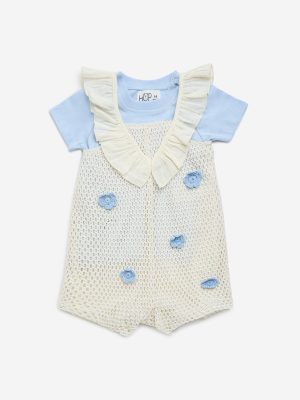 HOP Baby Off-White Crochet Cotton-Blend Dungaree with T-Shirt Set