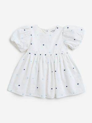 HOP Baby White Heart Printed Cotton A-Line Dress