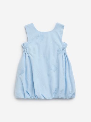 HOP Baby Blue Embroidered Cotton A-Line Balloon Dress