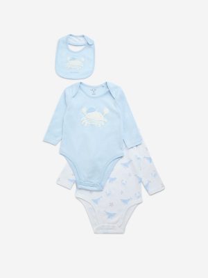 HOP Baby Blue Sea-Animal Cotton Rompers and Bib - Pack of 2
