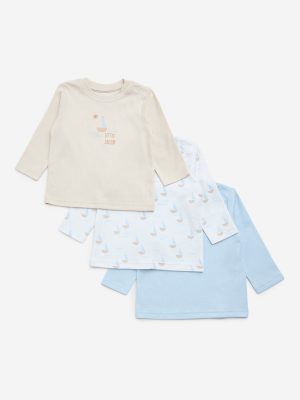 HOP Baby Light Blue Boat-Themed Cotton T-Shirts - Pack of 3