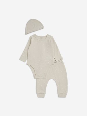 HOP Baby Beige Cotton-Blend Romper. Pants & Cap Set