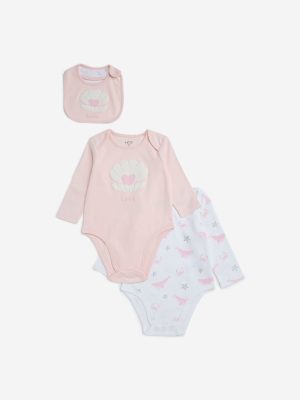 HOP Baby Pink Printed Cotton Rompers with Bib - Pack of 2