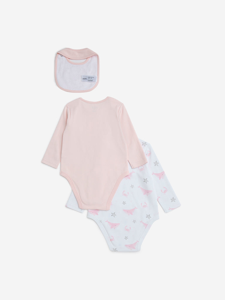 HOP Baby Pink Printed Cotton Rompers with Bib - Pack of 2 - Image 2