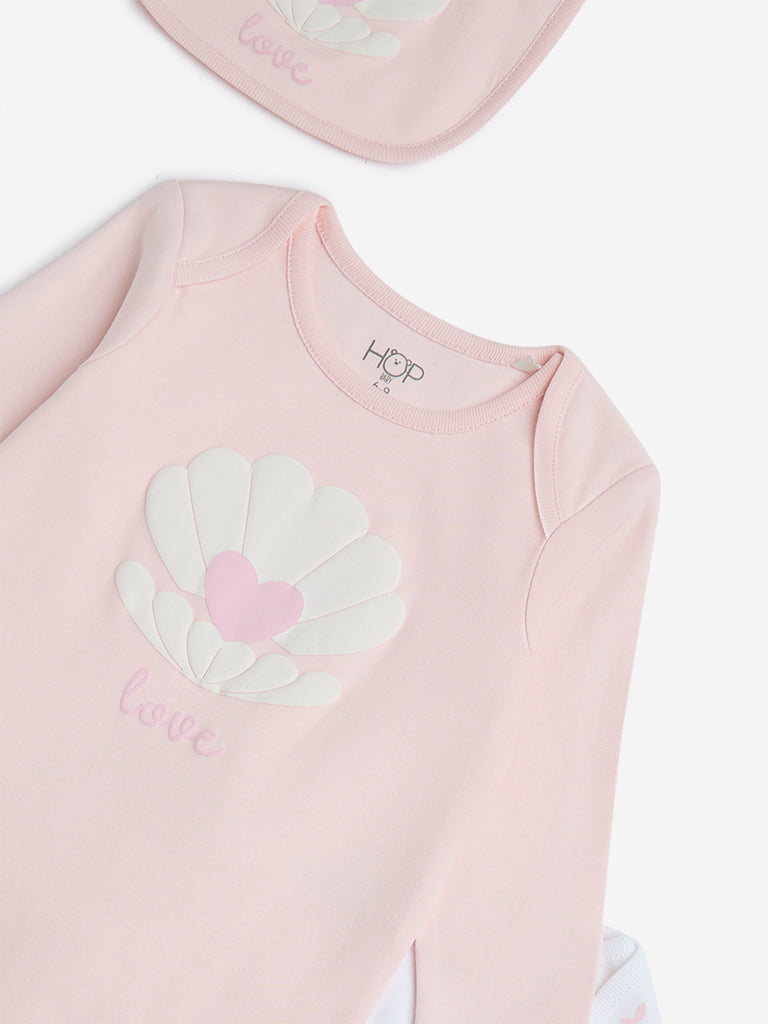 HOP Baby Pink Printed Cotton Rompers with Bib - Pack of 2 - Image 3