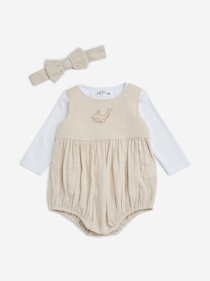 HOP Baby Beige Textured Romper. Cotton T-Shirt and Headband Set