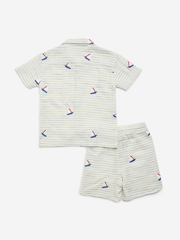 HOP Kids Off-White Striped Cotton Shirt and Shorts Set - Image 2