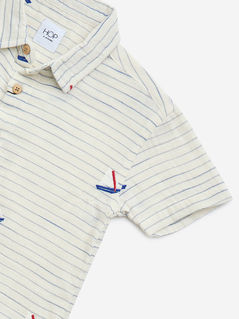 HOP Kids Off-White Striped Cotton Shirt and Shorts Set - Image 3