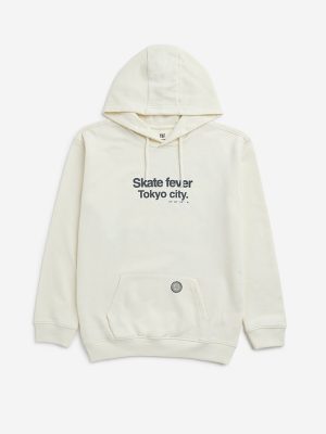 Y&F Kids Off-White Text Printed Cotton-Blend Hoodie