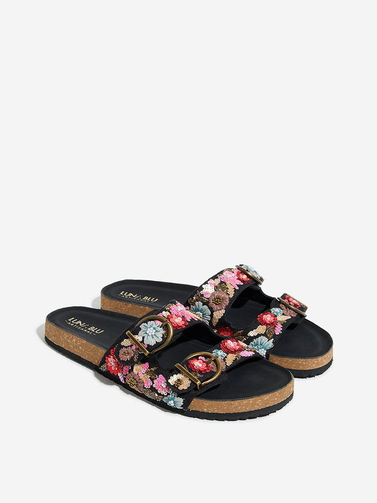 LUNA BLU Black Floral Embellished Sandals - Image 2