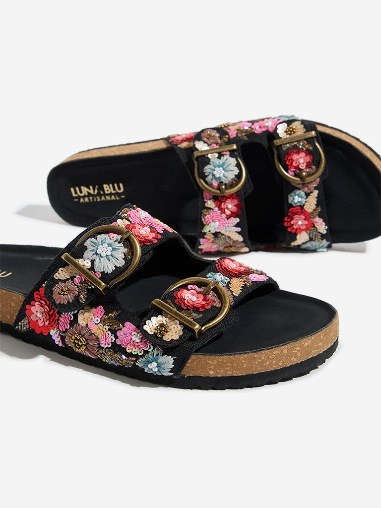 LUNA BLU Black Floral Embellished Sandals - Image 3
