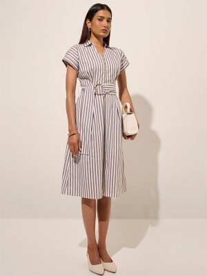 Wardrobe Beige Striped Cotton A-Line Dress with Belt