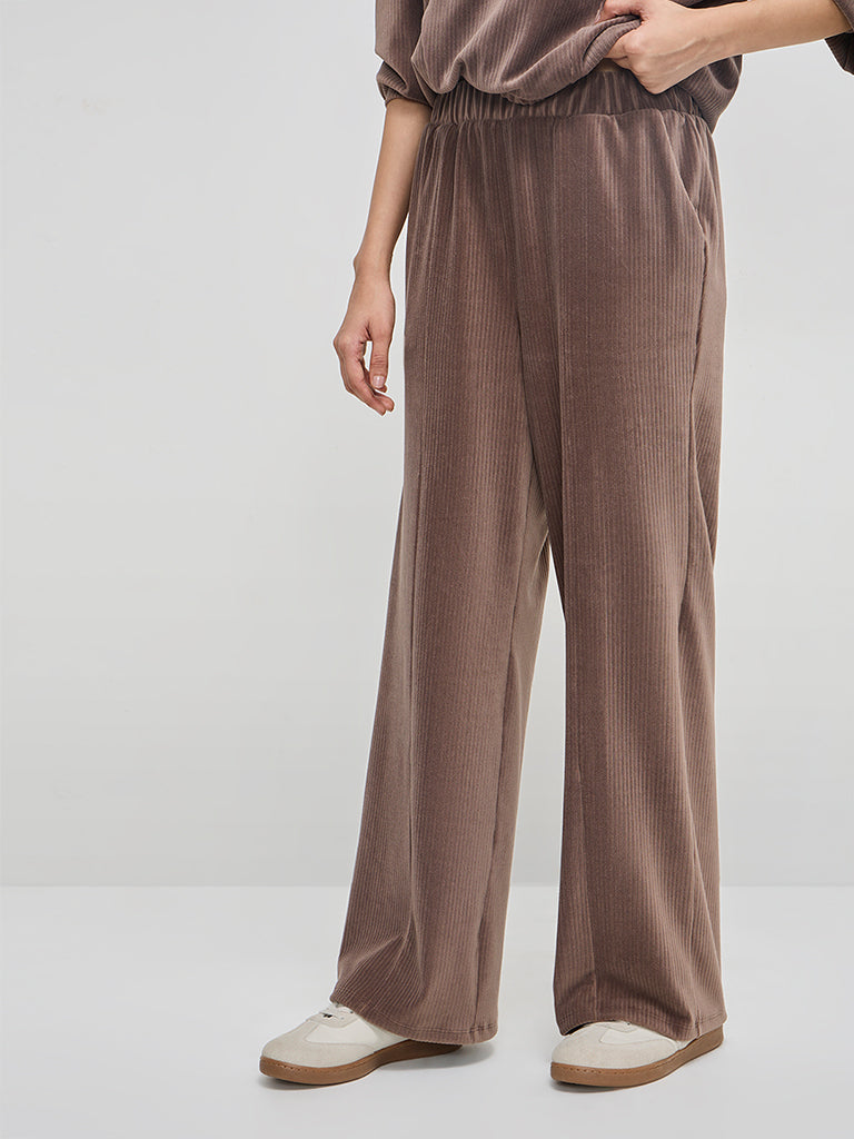LOV Taupe Self-Striped Velveteen High-Rise Trousers - Image 4