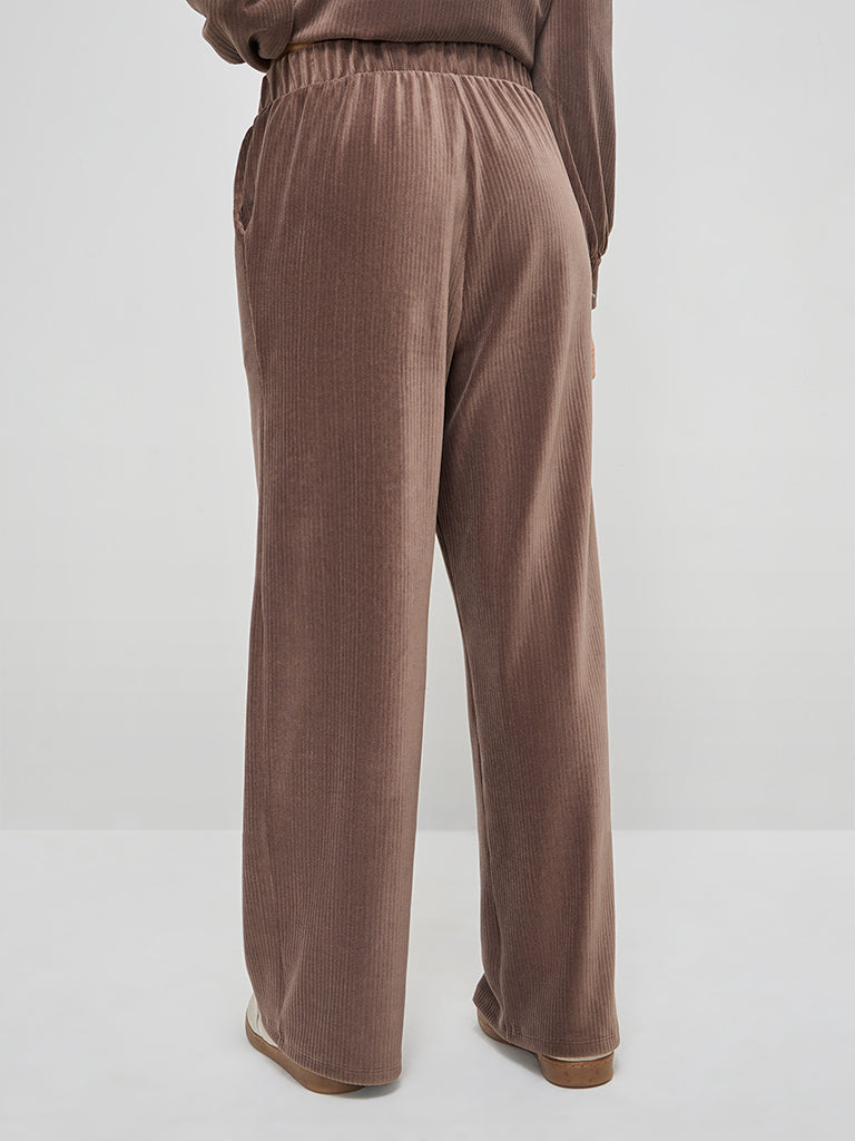 LOV Taupe Self-Striped Velveteen High-Rise Trousers - Image 5