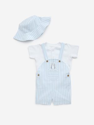 HOP Baby Light Blue Striped Cotton Dungaree. T-Shirt and Bucket Hat Set