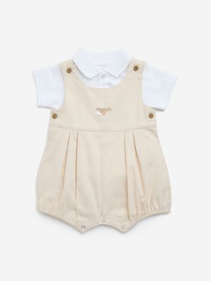 HOP Baby Beige Embroidered Cotton Dungaree with T-Shirt Set