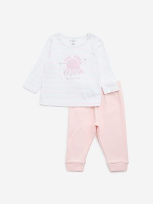 HOP Baby Pink Sea-Animal Print Cotton Top and Pants Set