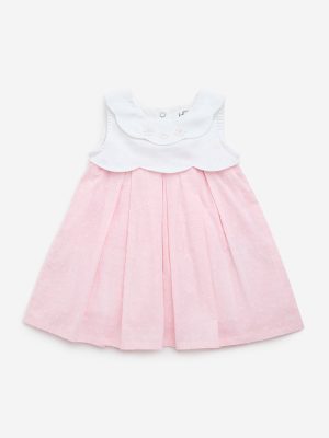 HOP Baby Pink Floral Embroidered Cotton A-Line Dress