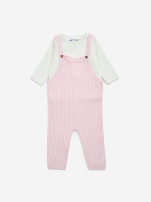 HOP Baby Pink Ribbed Textured Cotton-Blend Dungaree with T-Shirt Set