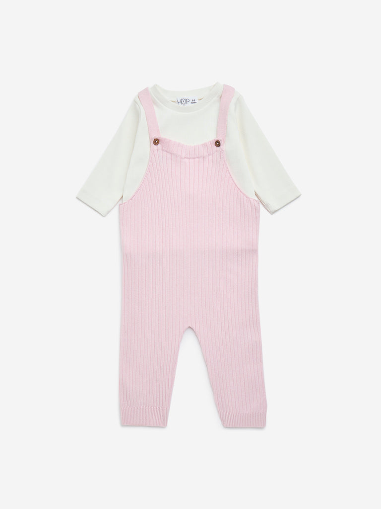 HOP Baby Pink Ribbed Textured Cotton-Blend Dungaree with T-Shirt Set