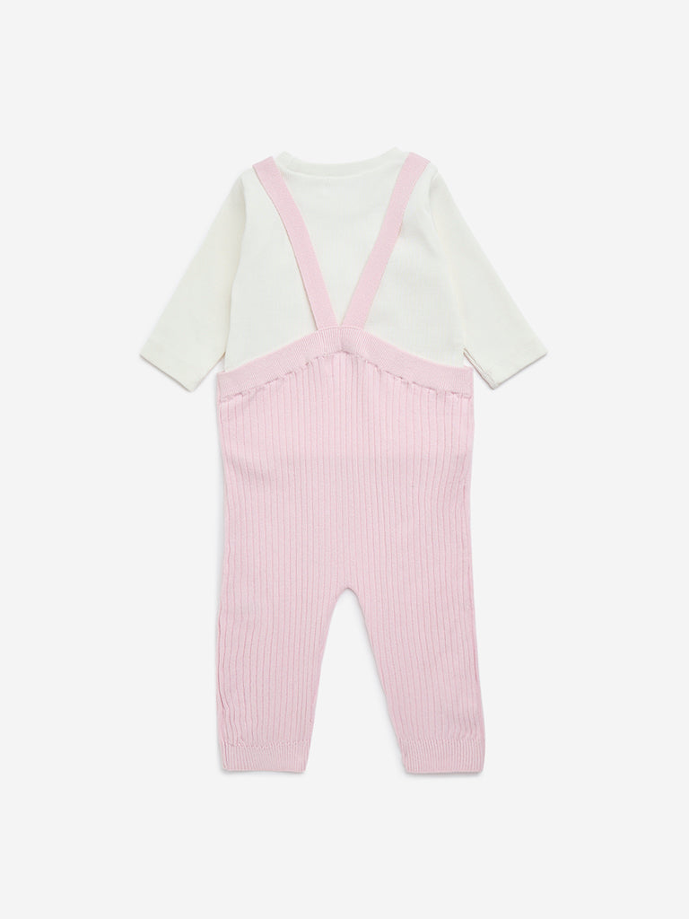 HOP Baby Pink Ribbed Textured Cotton-Blend Dungaree with T-Shirt Set - Image 2