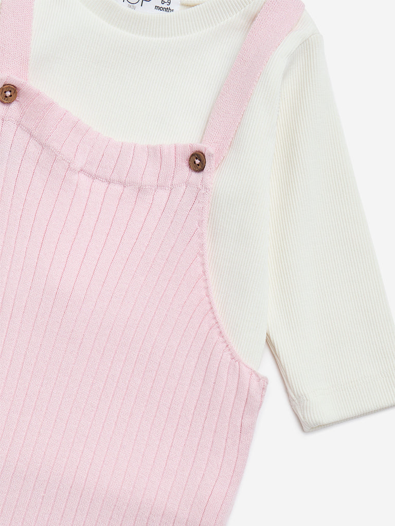 HOP Baby Pink Ribbed Textured Cotton-Blend Dungaree with T-Shirt Set - Image 3