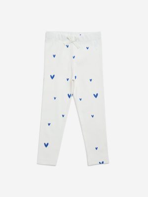 HOP Kids White Heart-Printed Cotton-Blend Leggings