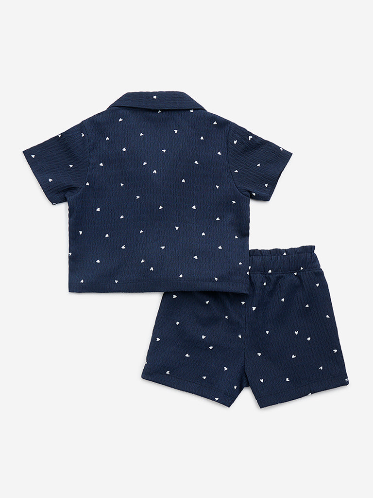 HOP Kids Navy Printed and Textured Shirt and Shorts Set - Image 2