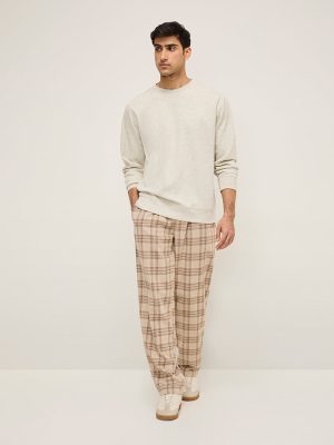 WES Lounge Beige Checks Print Mid-Rise Relaxed-Fit Cotton Pants