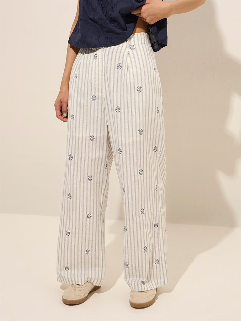 Bombay Paisley Ivory Striped High Rise Cotton Pants - Image 3